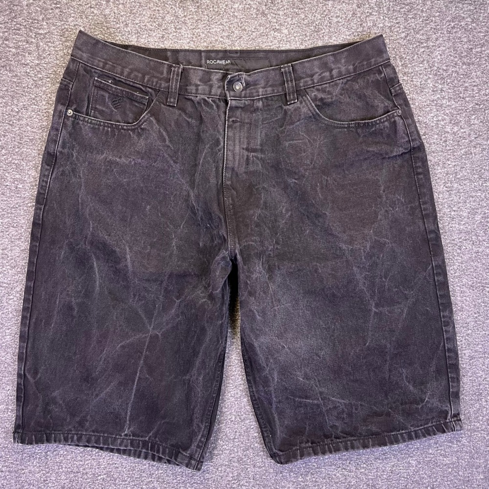Rocawear Denim Shorts Mens 40 Black Marbled‎ Baggy Y2K Streetwear Hip Hop Retro